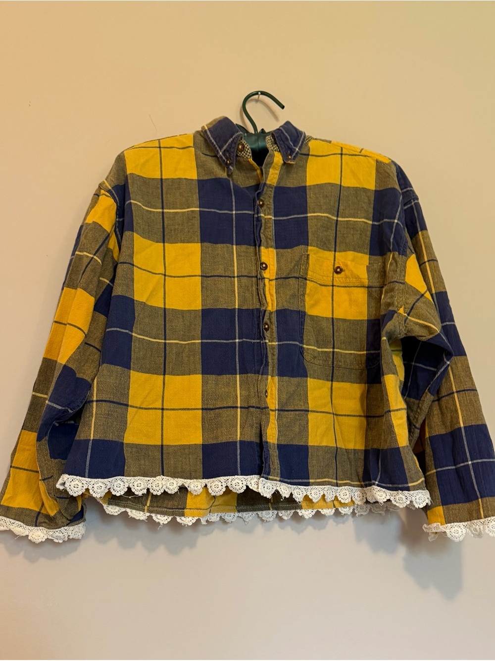 Upcycled Women’s Yellow & Navy Plaid Lace-Hem Button-Up Shirt